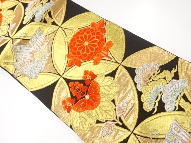 JAPANESE KIMONO / ANTIQUE FUKURO OBI / SILK / WOVEN SHIPPO & FLOWERS & BUTTERFLY